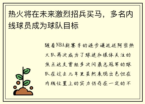 热火将在未来激烈招兵买马，多名内线球员成为球队目标